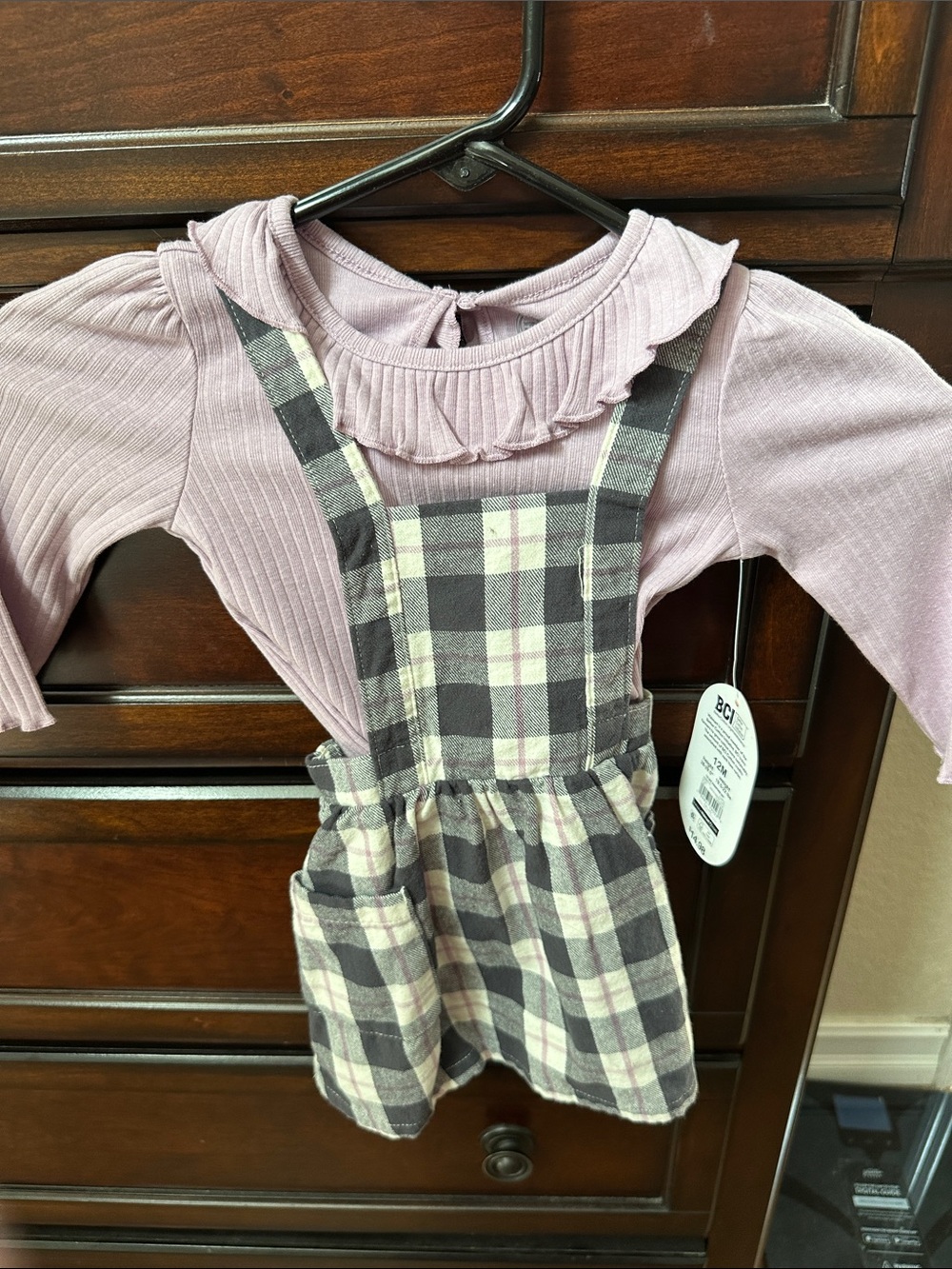 Wondershop Pink Ribbed Top with Plaid Suspender Skirt